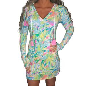 Lilly Pulitzer Dress XS Swim Cover Up Hooded Hoodie Tassel Neon Green Pink